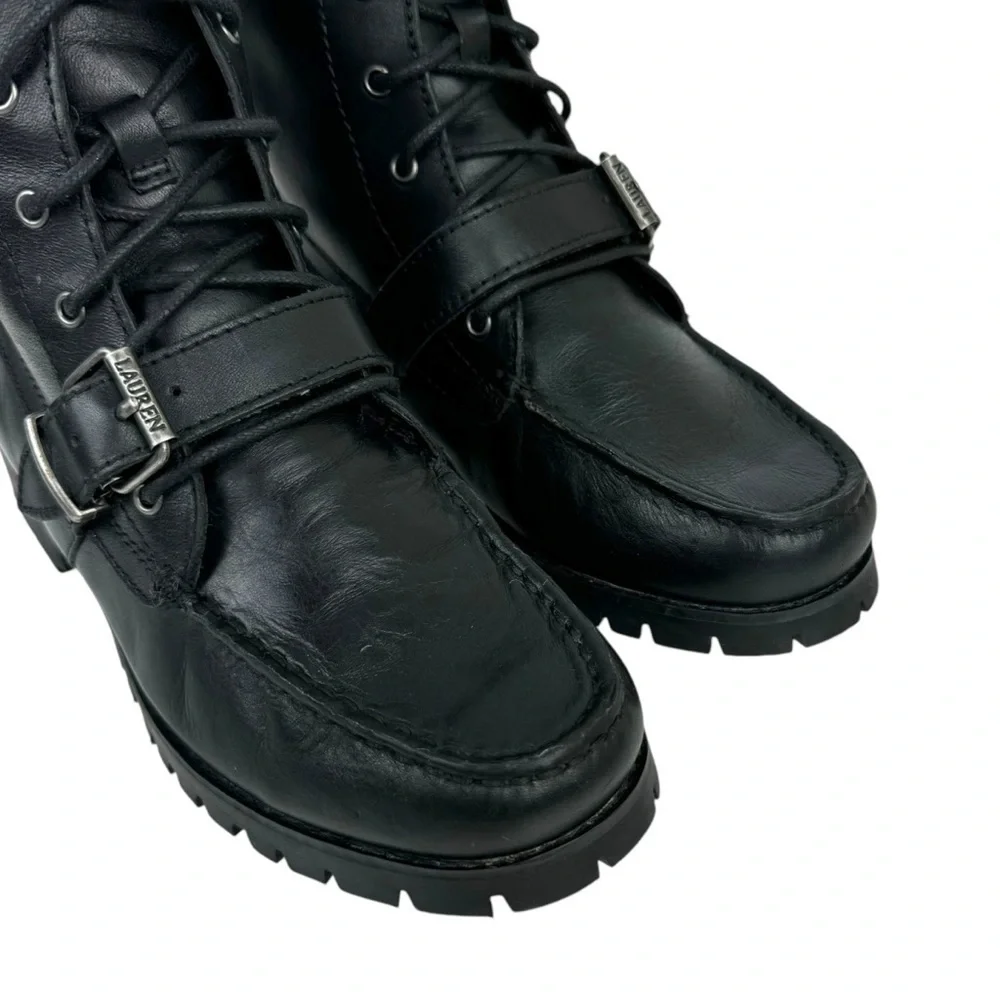 Lauren Ralph Lauren Zera Leather Lace Up Ankle Boots Black Buckle Womens Size 7B